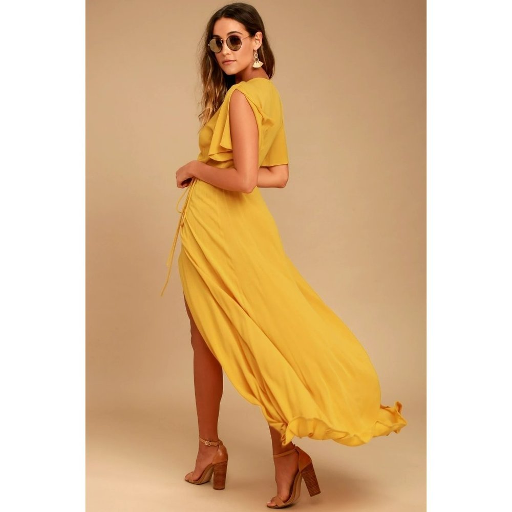 Lulus Much Obliged Golden Yellow Wrap Maxi Dress Women's Size M - Picture 2 of 14